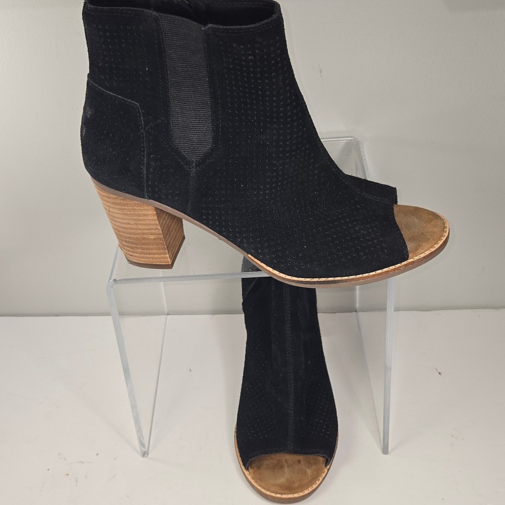 TOMS Majorca Black Perforated Suede Peep Toe Booties Womens Size‎ 10 Heel